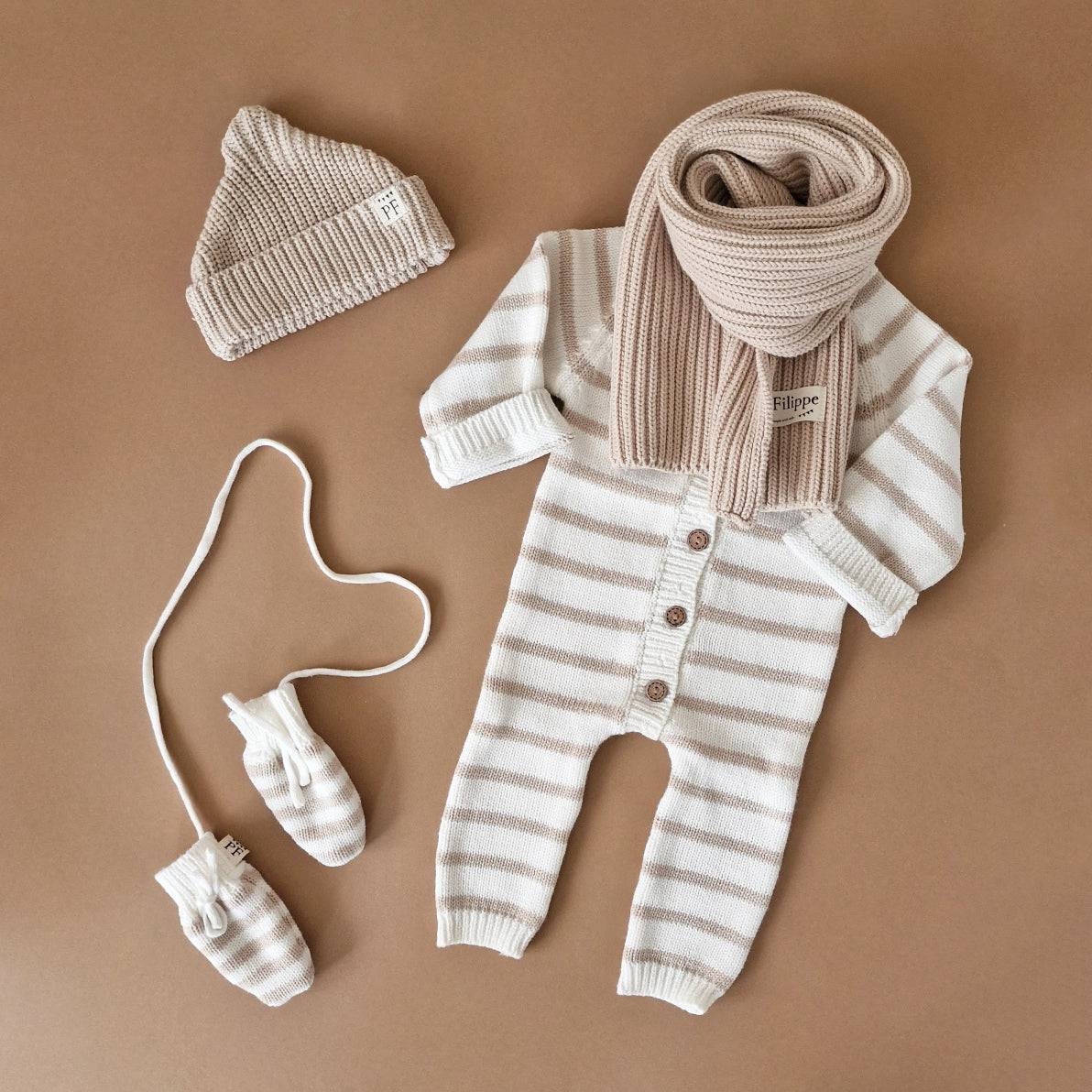 Baby Mittens - Cotton & Fleece - Oatmeal Striped - Petit Filippe