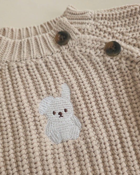 Embroidered Chunky Sweater - Cotton - Oatmeal