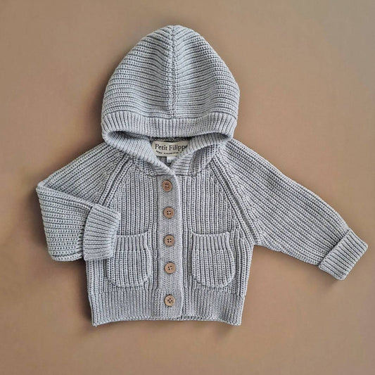 Chunky Hooded Cardigan - Cotton - Grey - Petit Filippe