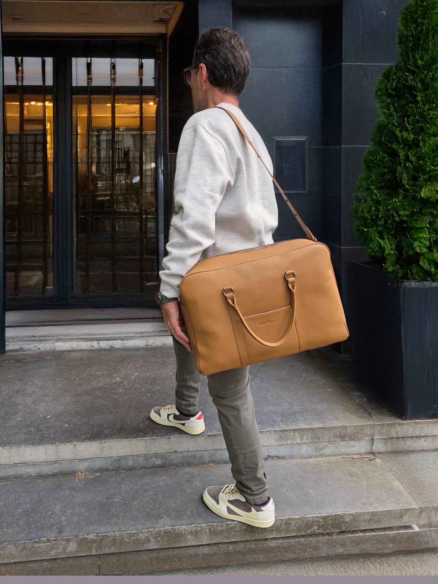 The Contemporary Leather Diaper Bag - Tan / Graphite - Petit Filippe