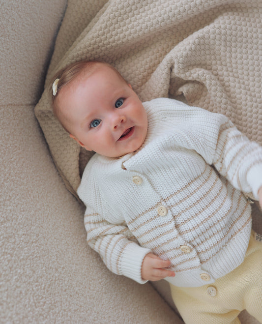 Chunky Cardigan - Cotton - Ivory & Oatmeal Stripes - Petit Filippe