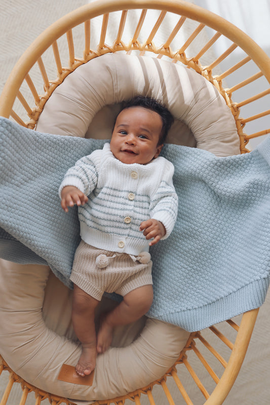 Chunky Cardigan - Cotton - Ivory & Misty Blue Stripes - Petit Filippe