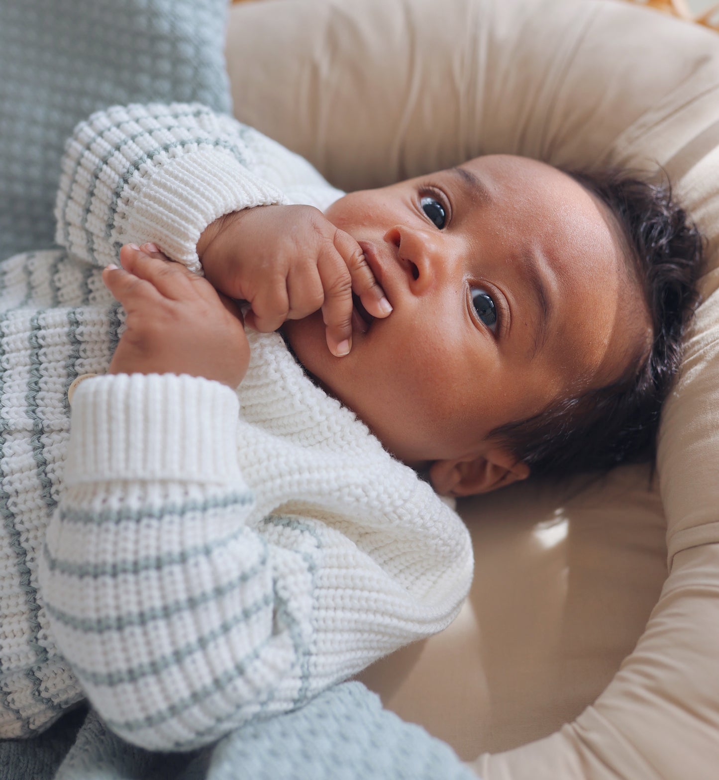 Chunky Cardigan - Cotton - Ivory & Misty Blue Stripes - Petit Filippe