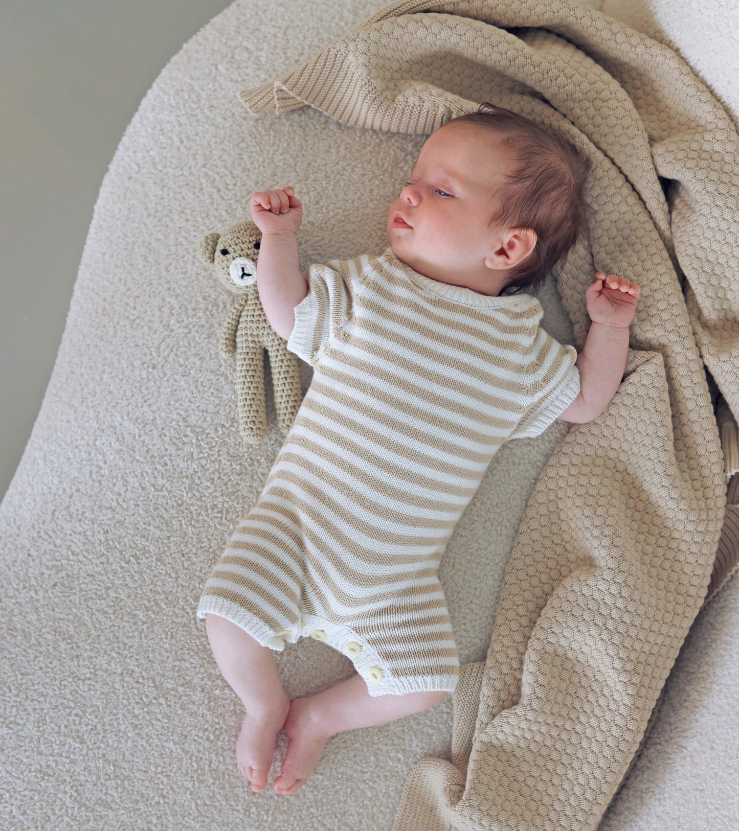 Short Knitted Playsuit - Cotton - Oatmeal & Ivory Stripes - Petit Filippe