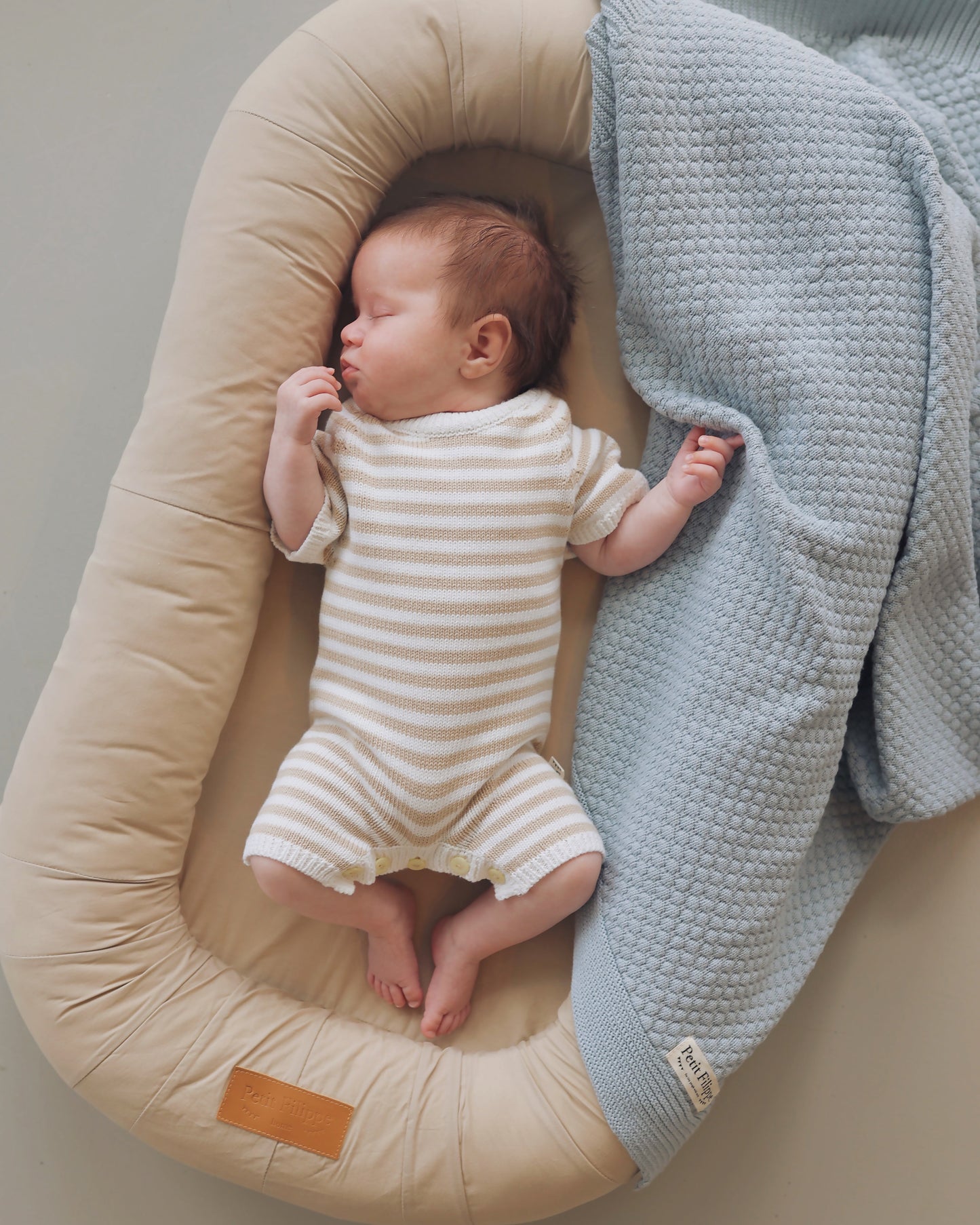 Short Knitted Playsuit - Cotton - Oatmeal & Ivory Stripes - Petit Filippe