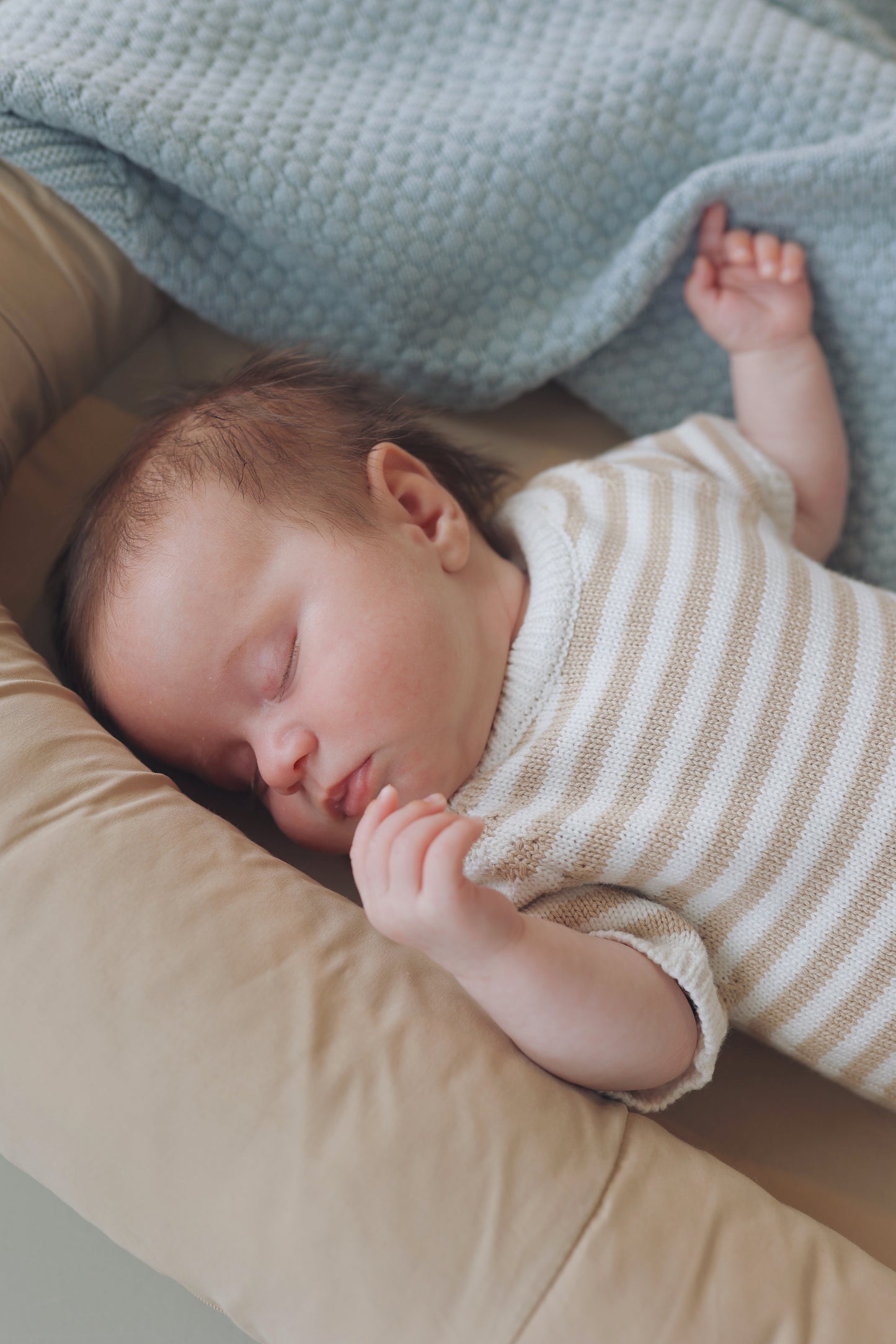 Short Knitted Playsuit - Cotton - Oatmeal & Ivory Stripes - Petit Filippe