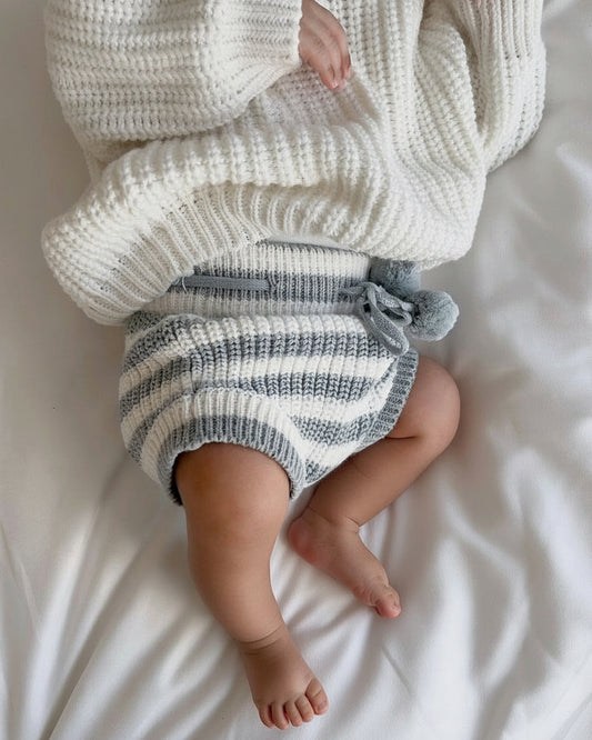 Knitted Bloomers - Cotton - Ivory & Misty Blue Stripes - Petit Filippe