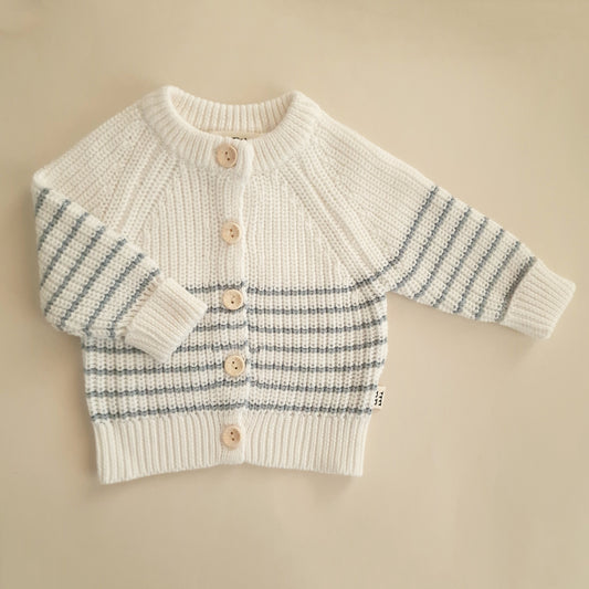 Chunky Cardigan - Cotton - Ivory & Misty Blue Stripes - Petit Filippe