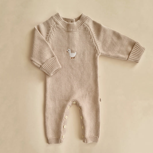 Embroidered Knitted Playsuit - Cotton - Oatmeal - Petit Filippe