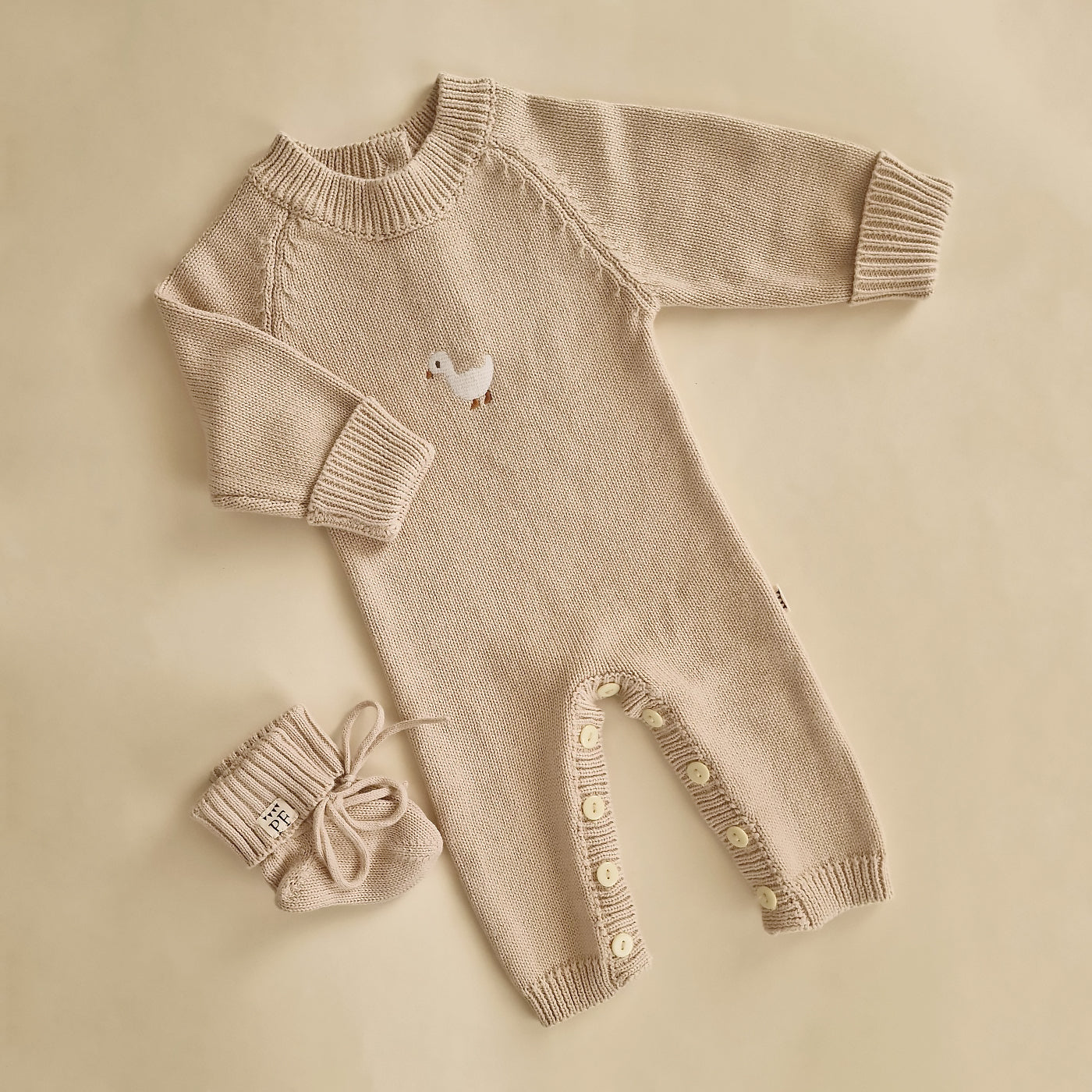 Embroidered Knitted Playsuit - Cotton - Oatmeal - Petit Filippe