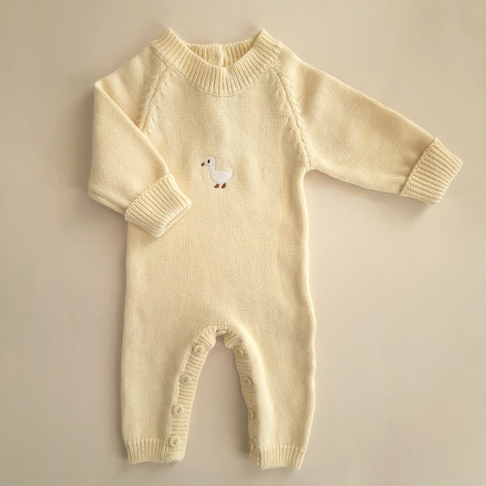Embroidered Knitted Playsuit - Cotton - Soft Yellow - Petit Filippe