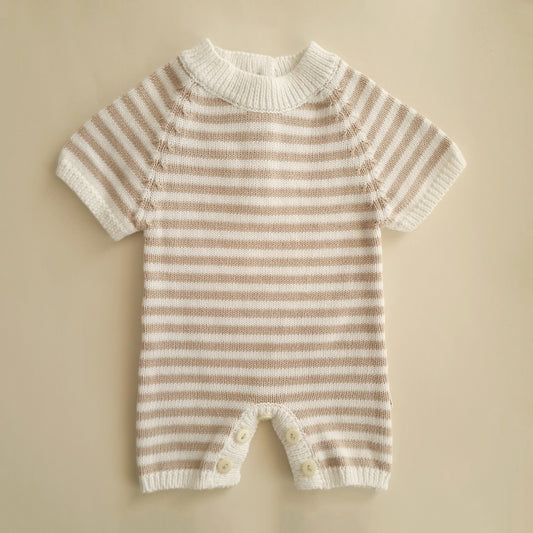 Short Knitted Playsuit - Cotton - Oatmeal & Ivory Stripes - Petit Filippe