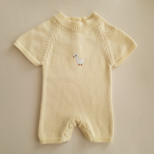 Embroidered Short Knitted Playsuit - Cotton - Soft Yellow - Petit Filippe