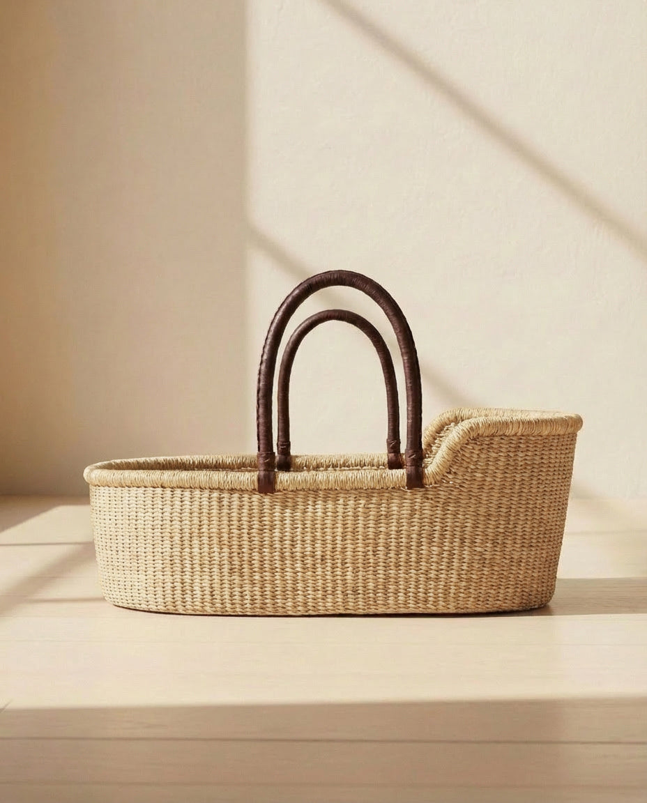 Moses Basket - no. 02 - Neutral - Brown Handles - Petit Filippe