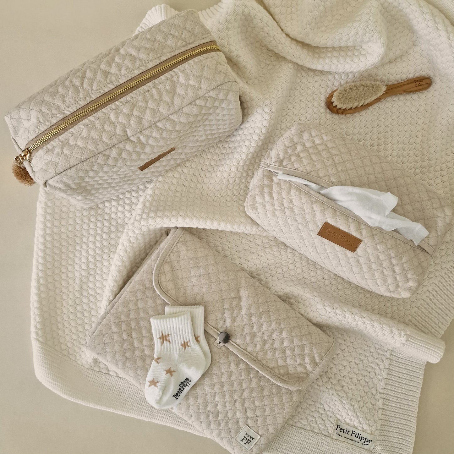 Quilted Toiletry Bag - Natural Linen/Cotton Blend - Petit Filippe