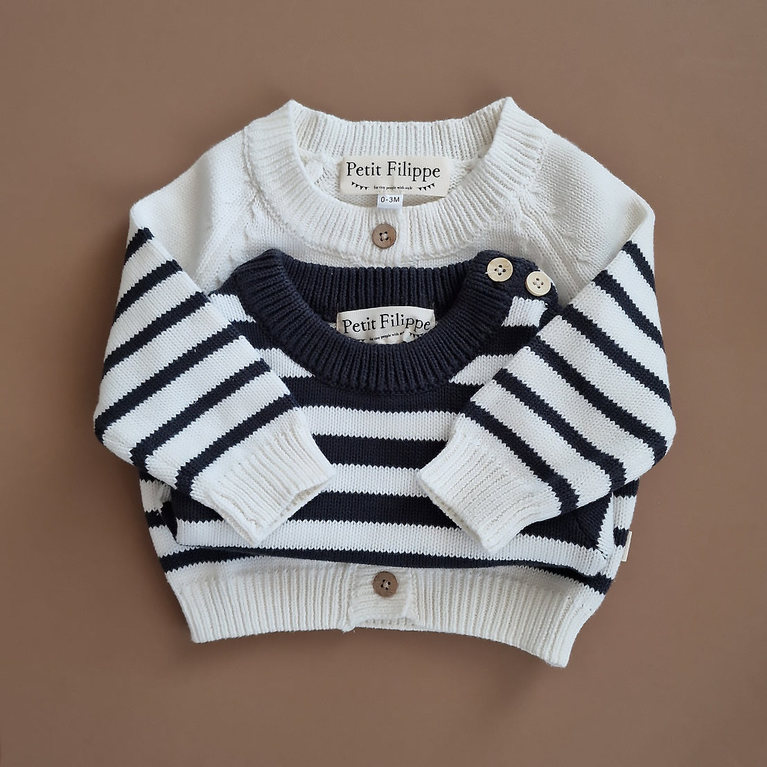 Striped Sweater - Short Sleeve - Cotton - Graphite & Ivory - Petit Filippe