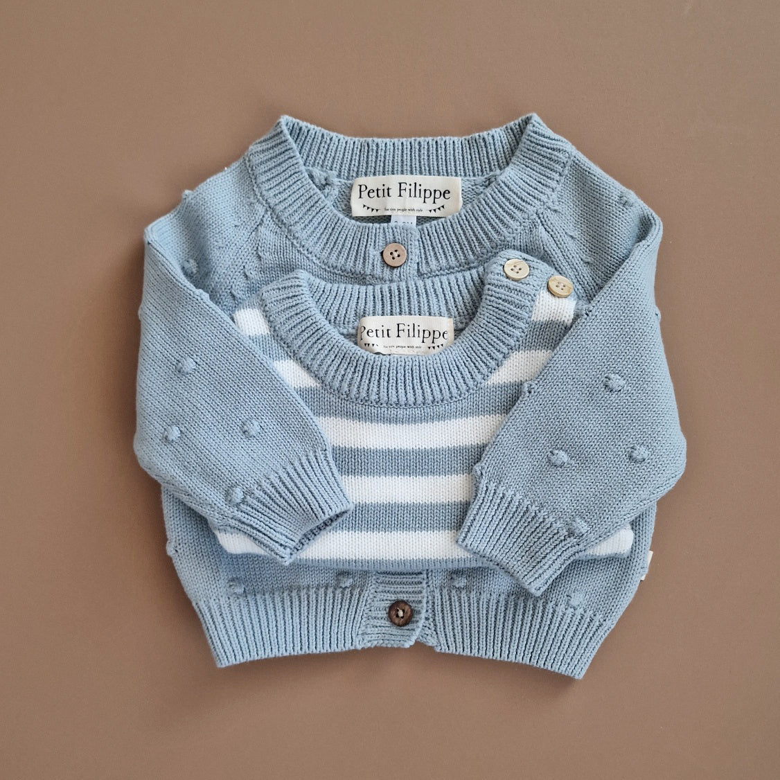 Striped Sweater - Short Sleeve - Cotton - Misty Blue & Ivory - Petit Filippe