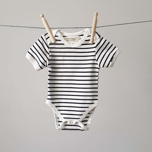 Baby Bodysuit - Short Sleeves - Breton Stripes - Petit Filippe