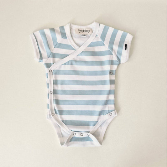 Baby Bodysuit - Short Sleeves - Ivory & Misty Blue Stripes - Petit Filippe