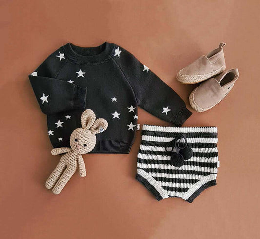 Knitted Bloomers - Cotton - Ivory & Graphite Stripes - Petit Filippe