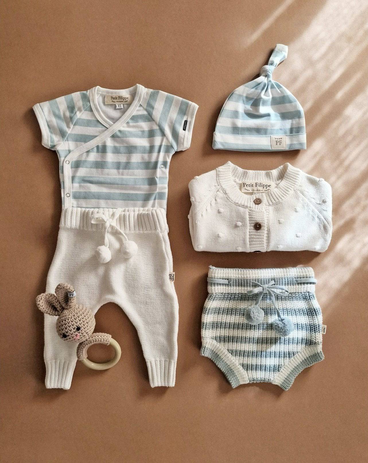 Knitted Bloomers - Cotton - Ivory & Misty Blue Stripes - Petit Filippe