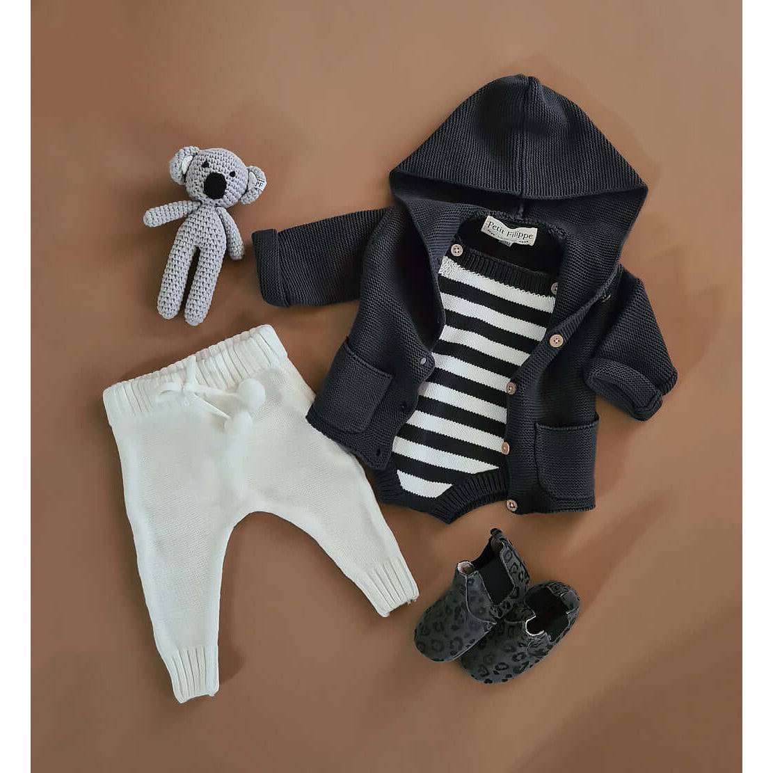 Knitted Jumpsuit - Cotton - Ivory & Graphite Stripes - Petit Filippe