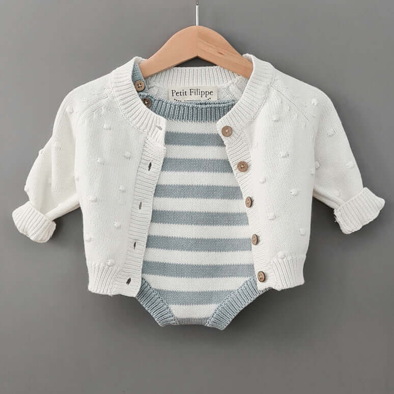 Knitted Jumpsuit - Cotton - Ivory & Misty Blue Stripes - Petit Filippe