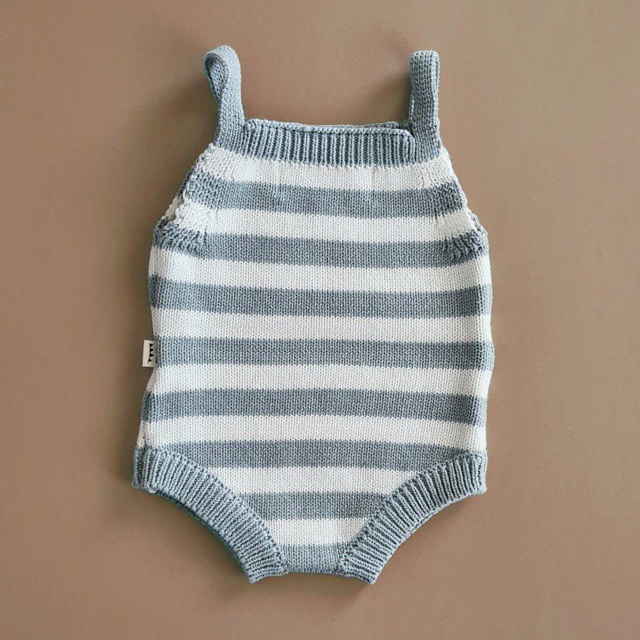 Knitted Jumpsuit - Cotton - Ivory & Misty Blue Stripes - Petit Filippe