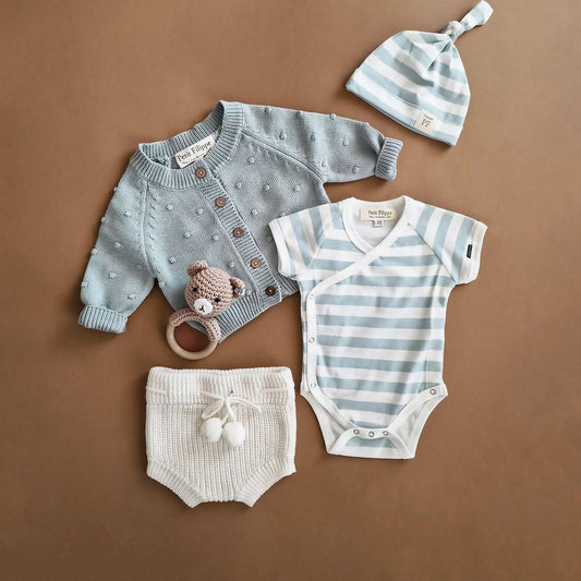 Knot Hat - Ivory & Misty Blue Stripes - Petit Filippe