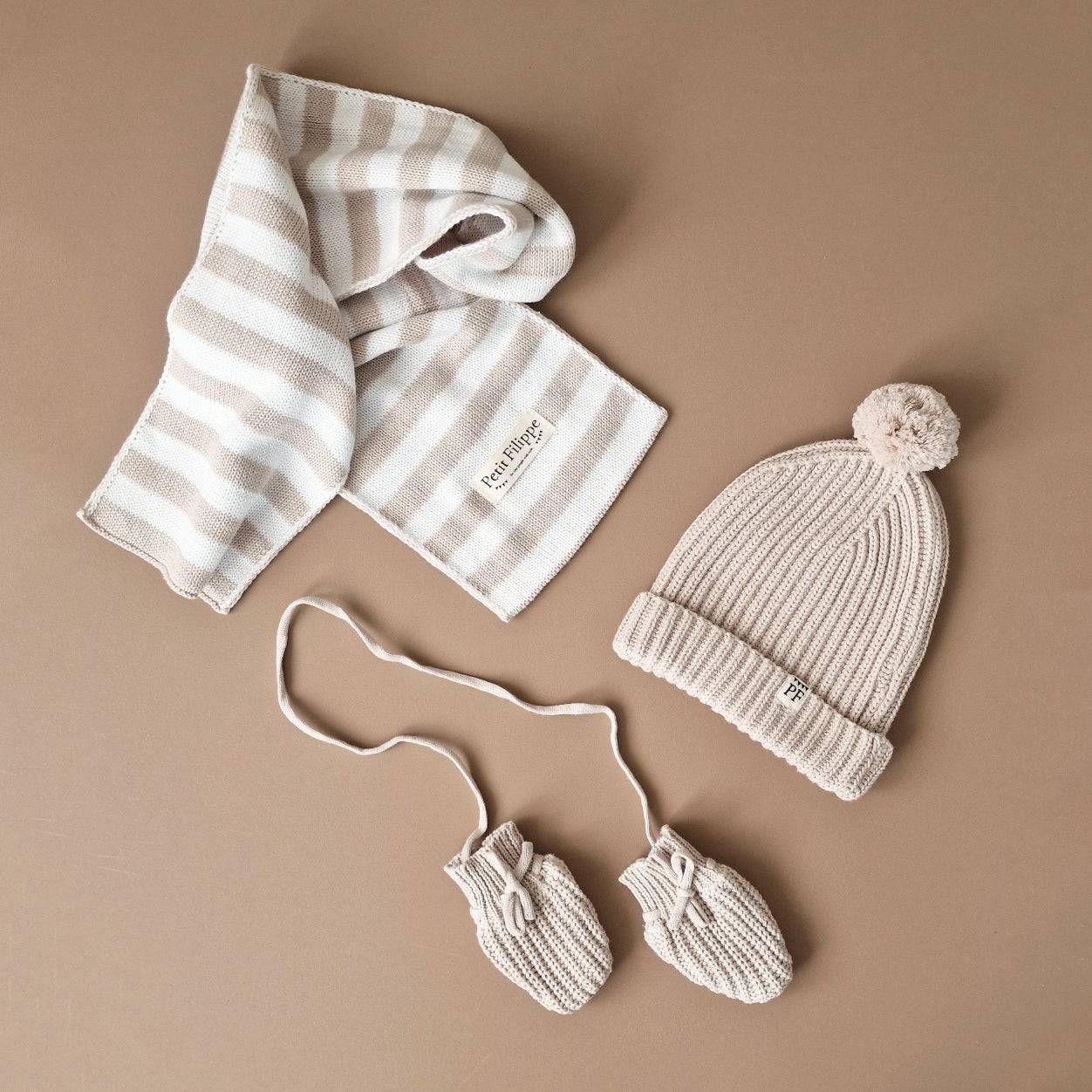 Knitted Beanie with Pom Pom- Cotton - Oatmeal - Petit Filippe