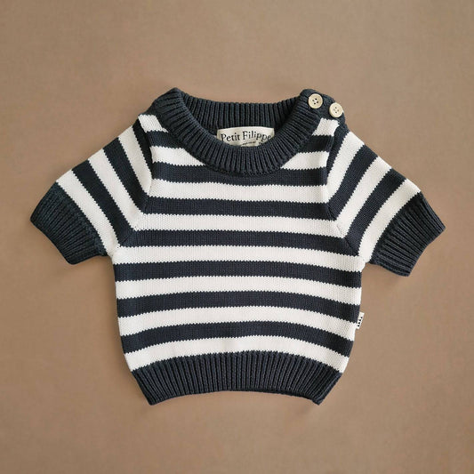 Striped Sweater - Short Sleeve - Cotton - Graphite & Ivory - Petit Filippe