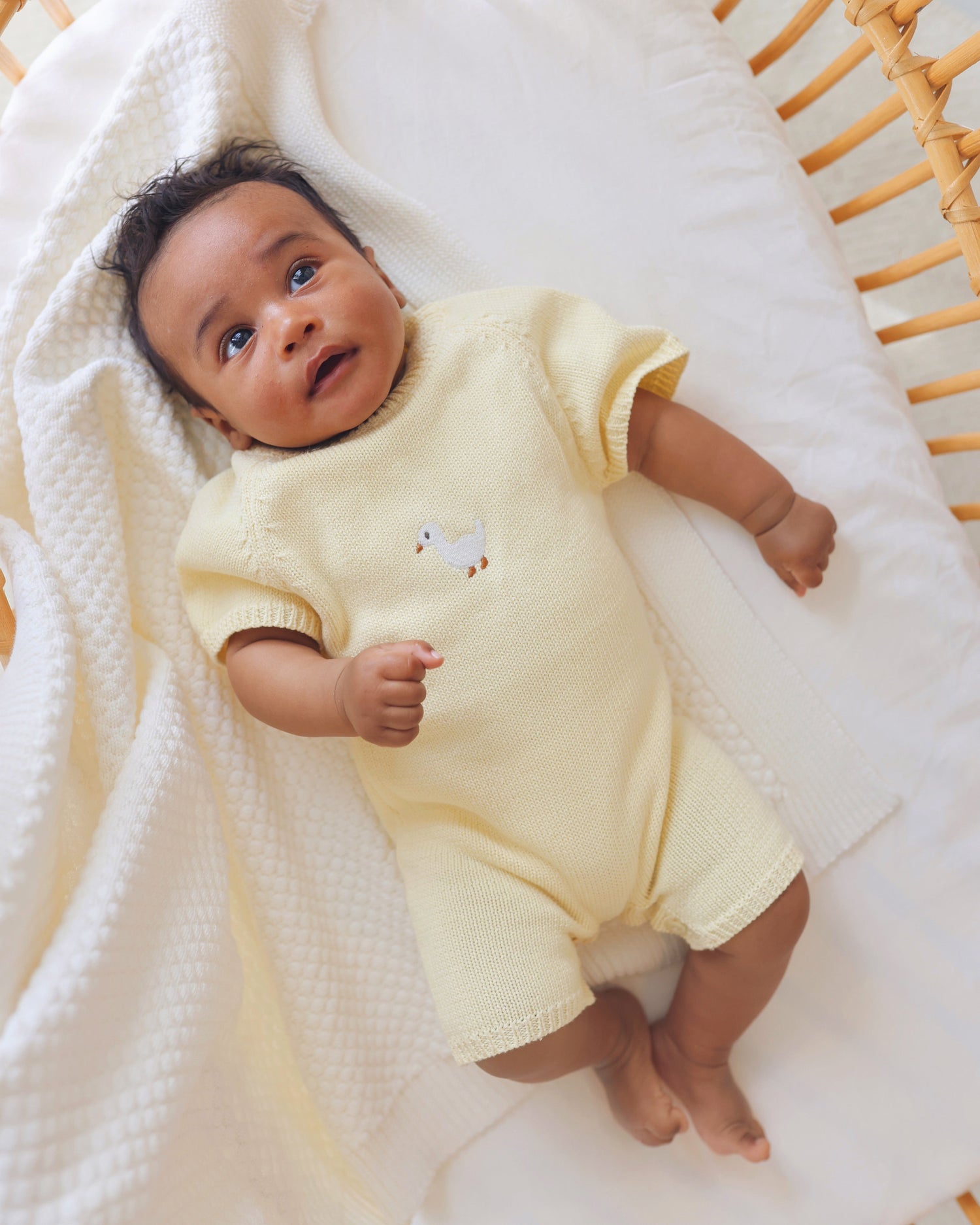 Embroidered Short Knitted Playsuit - Cotton - Soft Yellow - Petit Filippe