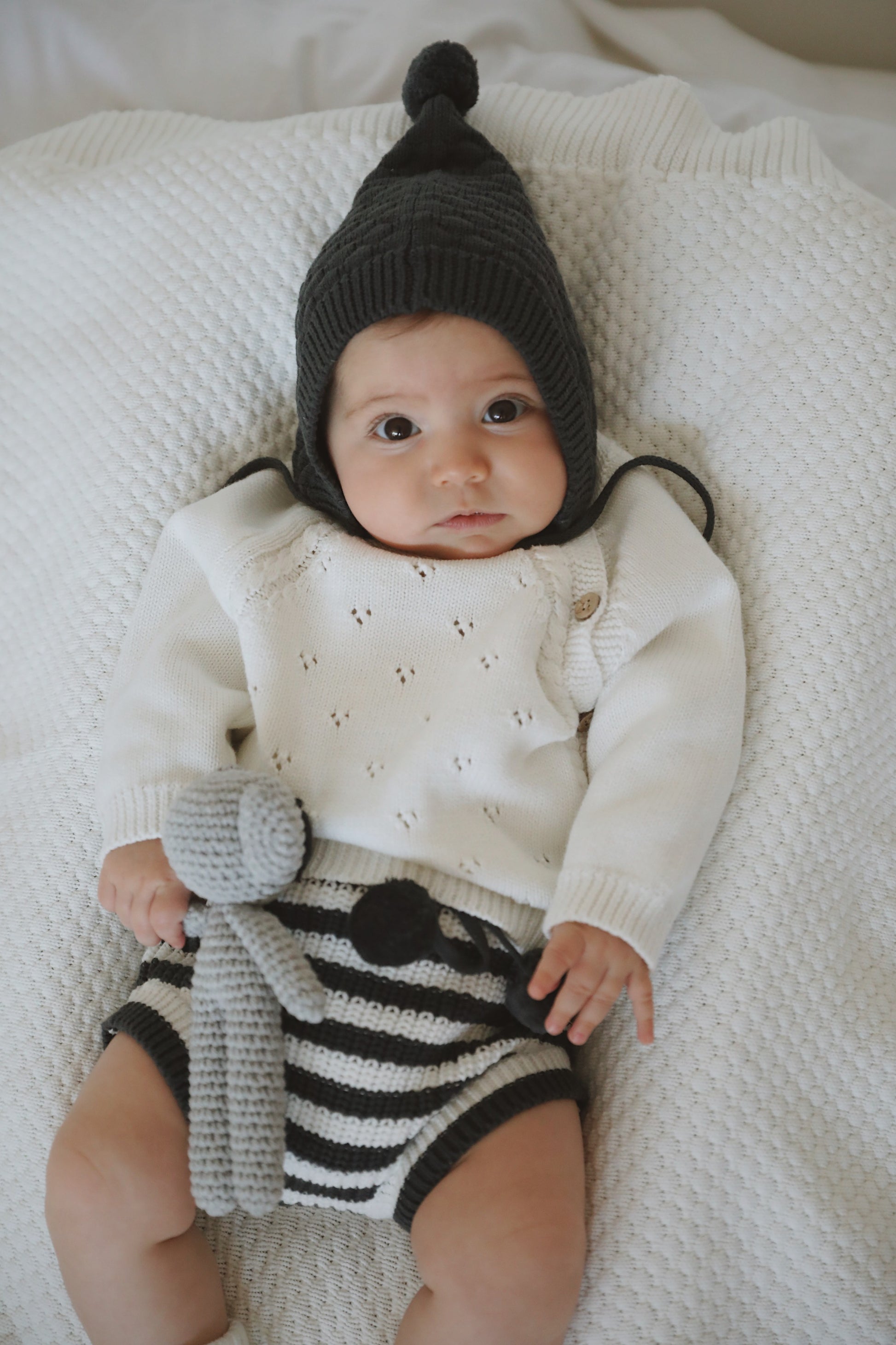 Knitted Bloomers - Cotton - Ivory & Graphite Stripes - Petit Filippe
