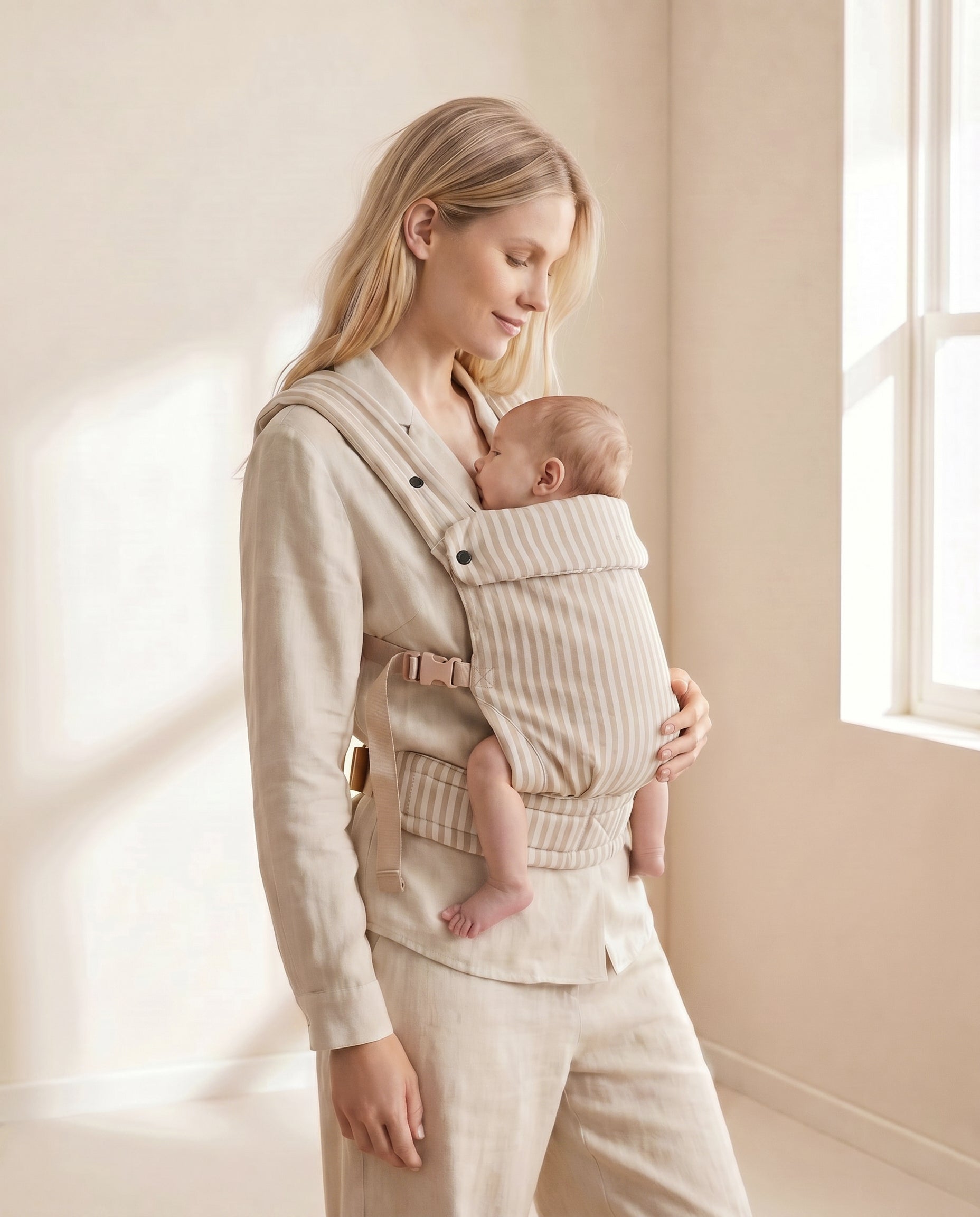 COMING SOON - Ergonomic Baby Carrier - Cotton - Oatmeal Striped - Petit Filippe