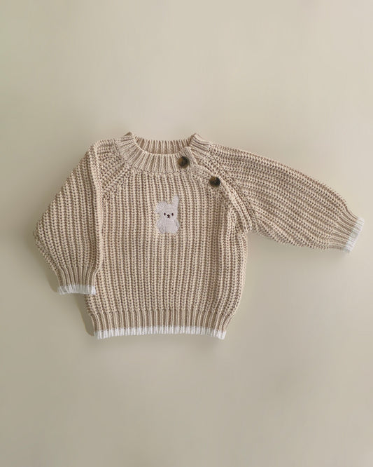 Embroidered Chunky Sweater - Cotton - Oatmeal
