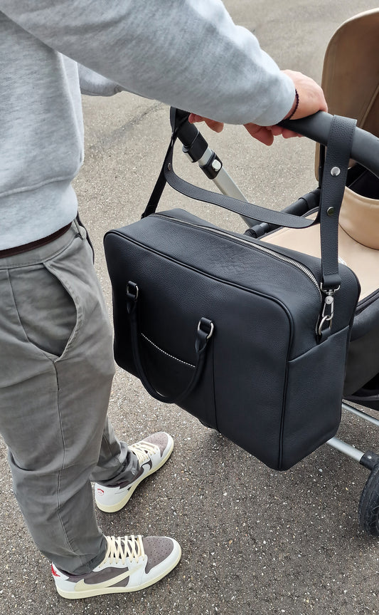 The Contemporary Leather Diaper Bag - Black / Graphite - Petit Filippe