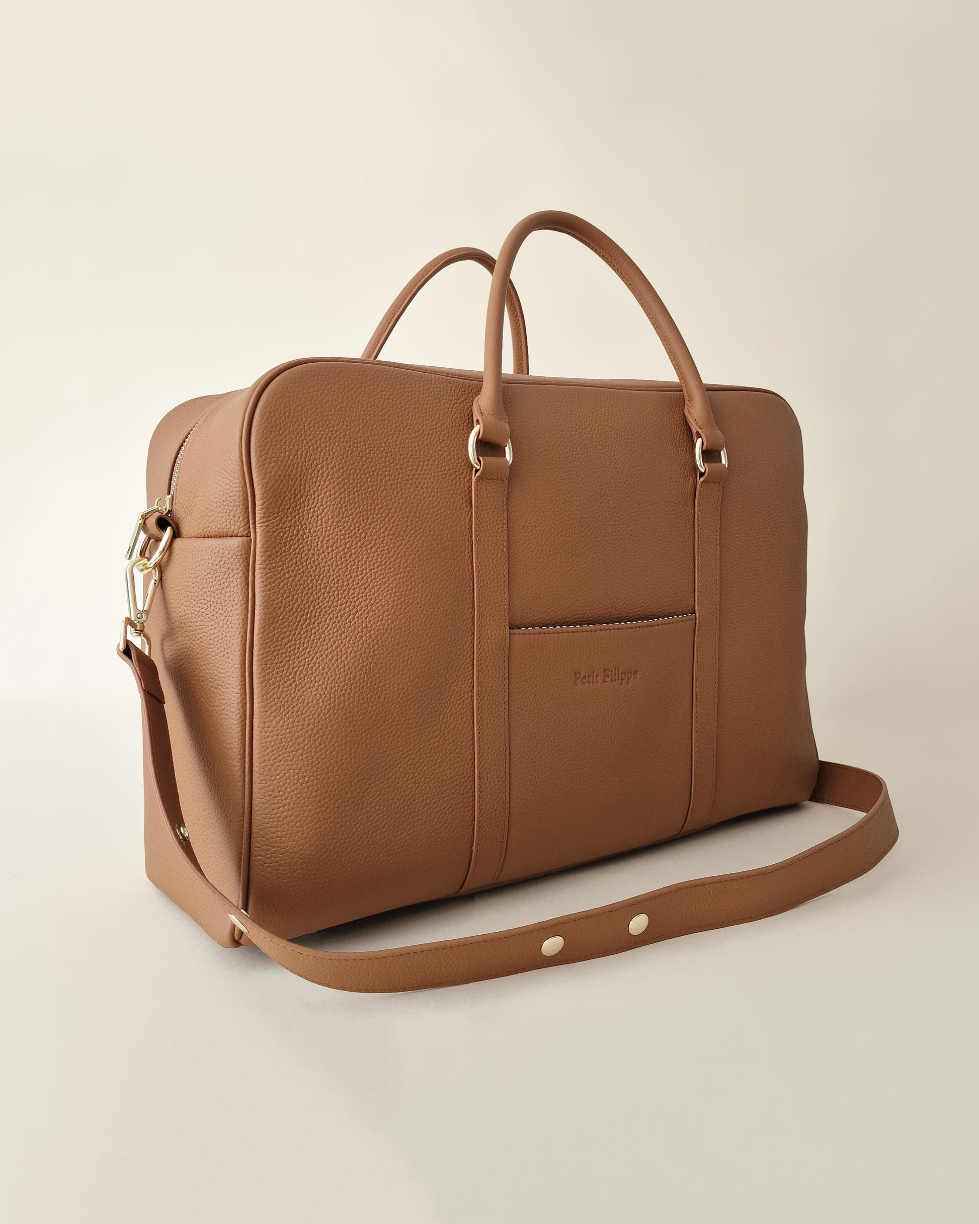The Contemporary Leather Diaper Bag - Tan - Gold Hardware - Petit Filippe