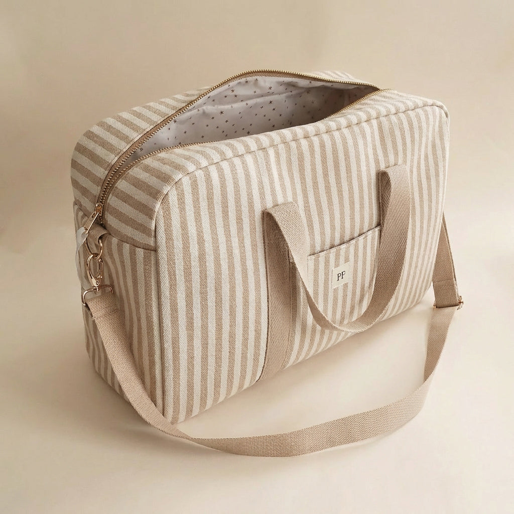 Canvas Diaper Bag - Oatmeal Striped - Petit Filippe