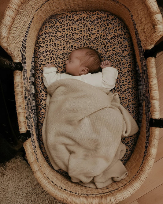 76 x 43 cm - Linen Fitted Sheet to fit our Moses Basket Mattress - Leopard - Petit Filippe