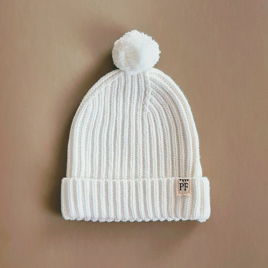 Knitted Beanie with Pom Pom - Cotton - Ivory - Petit Filippe