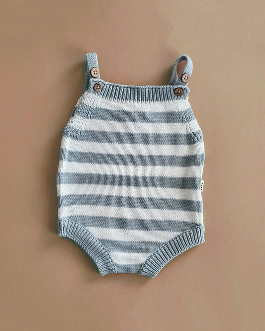 Knitted Jumpsuit - Cotton - Ivory & Misty Blue Stripes - Petit Filippe