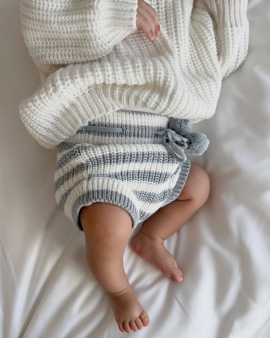 Knitted Bloomers - Cotton - Ivory & Misty Blue Stripes - Petit Filippe