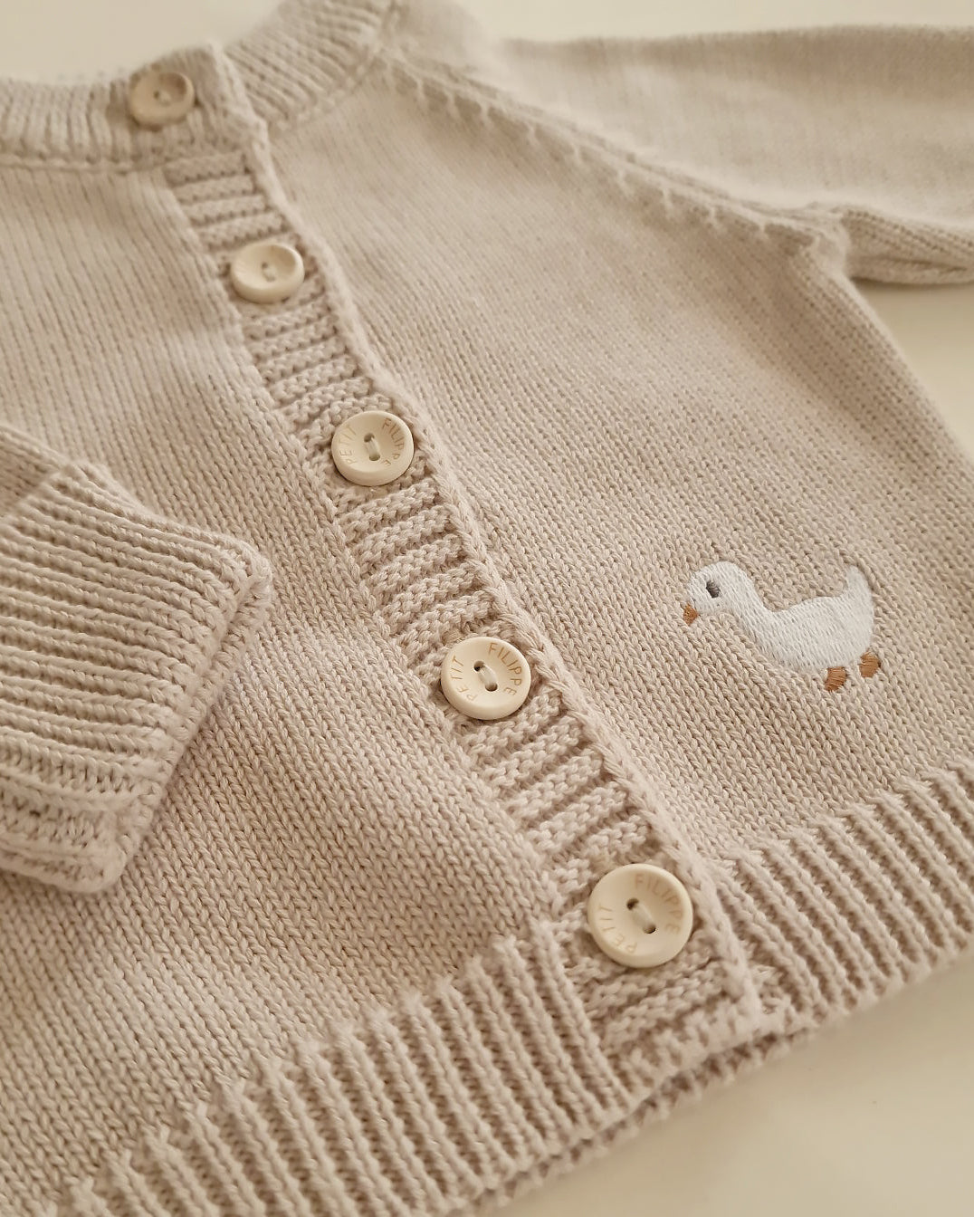 Embroidered Knitted Cardigan - Cotton - Oatmeal - Petit Filippe