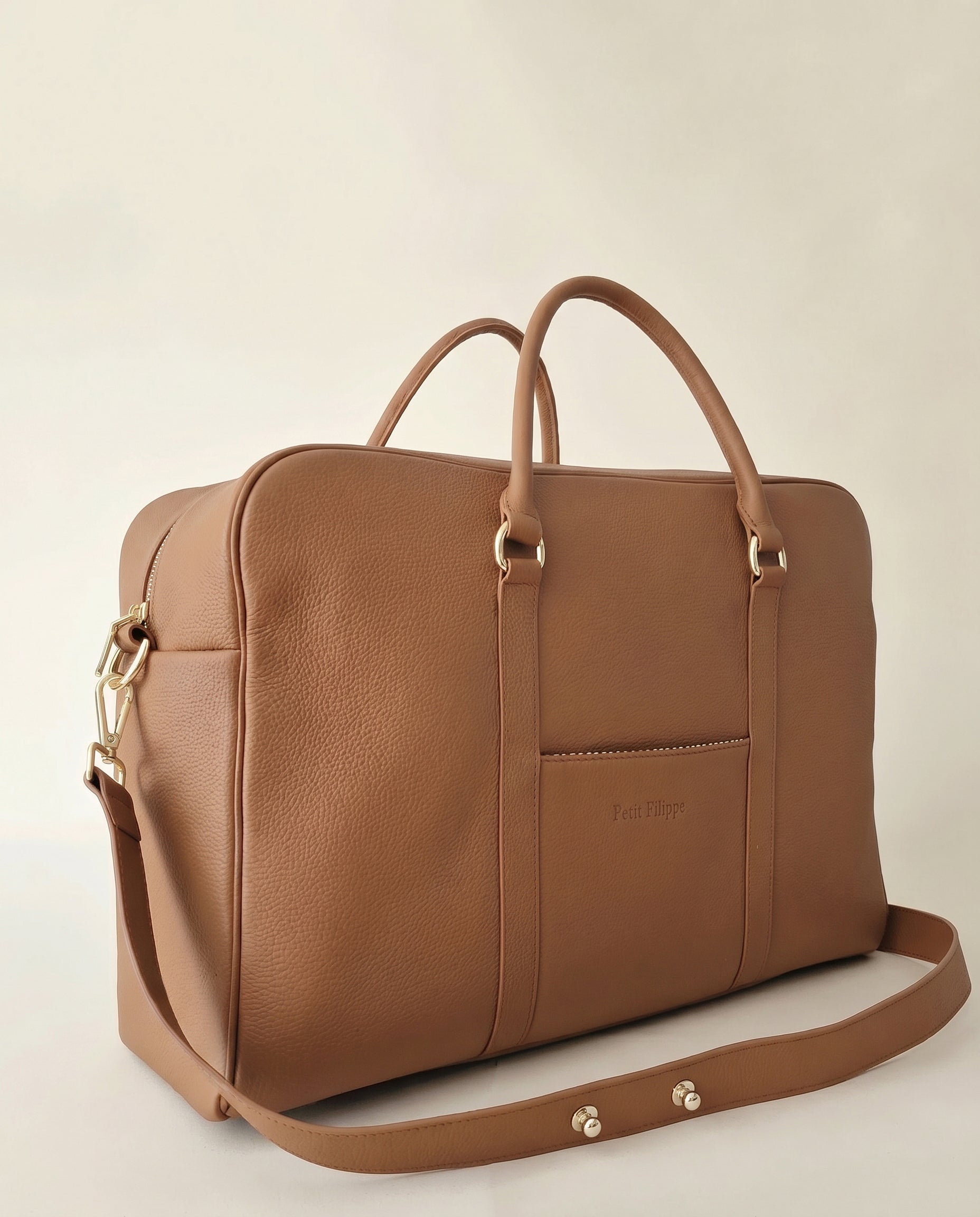 The Contemporary Leather Diaper Bag - Tan - Gold Hardware - Petit Filippe
