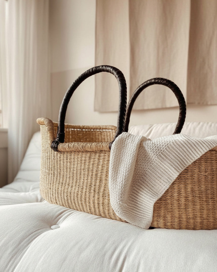Moses Basket - no. 02 - Neutral - Brown Handles - Petit Filippe