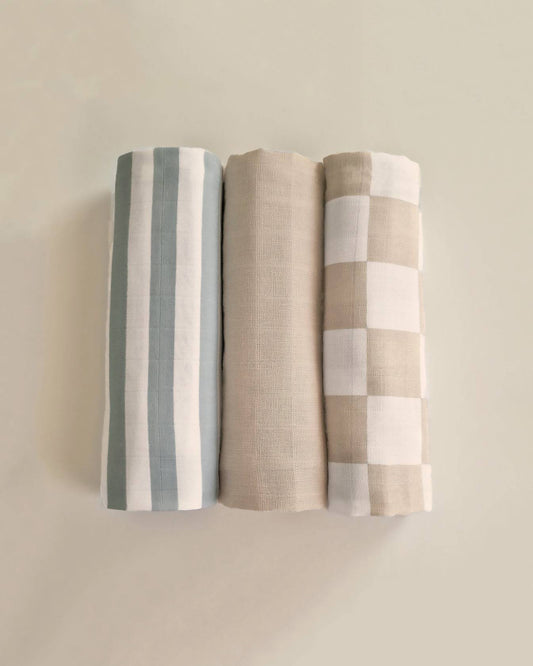Muslin Cloths - 3 pack - Oatmeal & Misty Blue - Petit Filippe