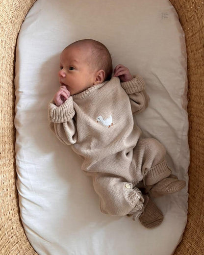 Embroidered Knitted Playsuit - Cotton - Oatmeal