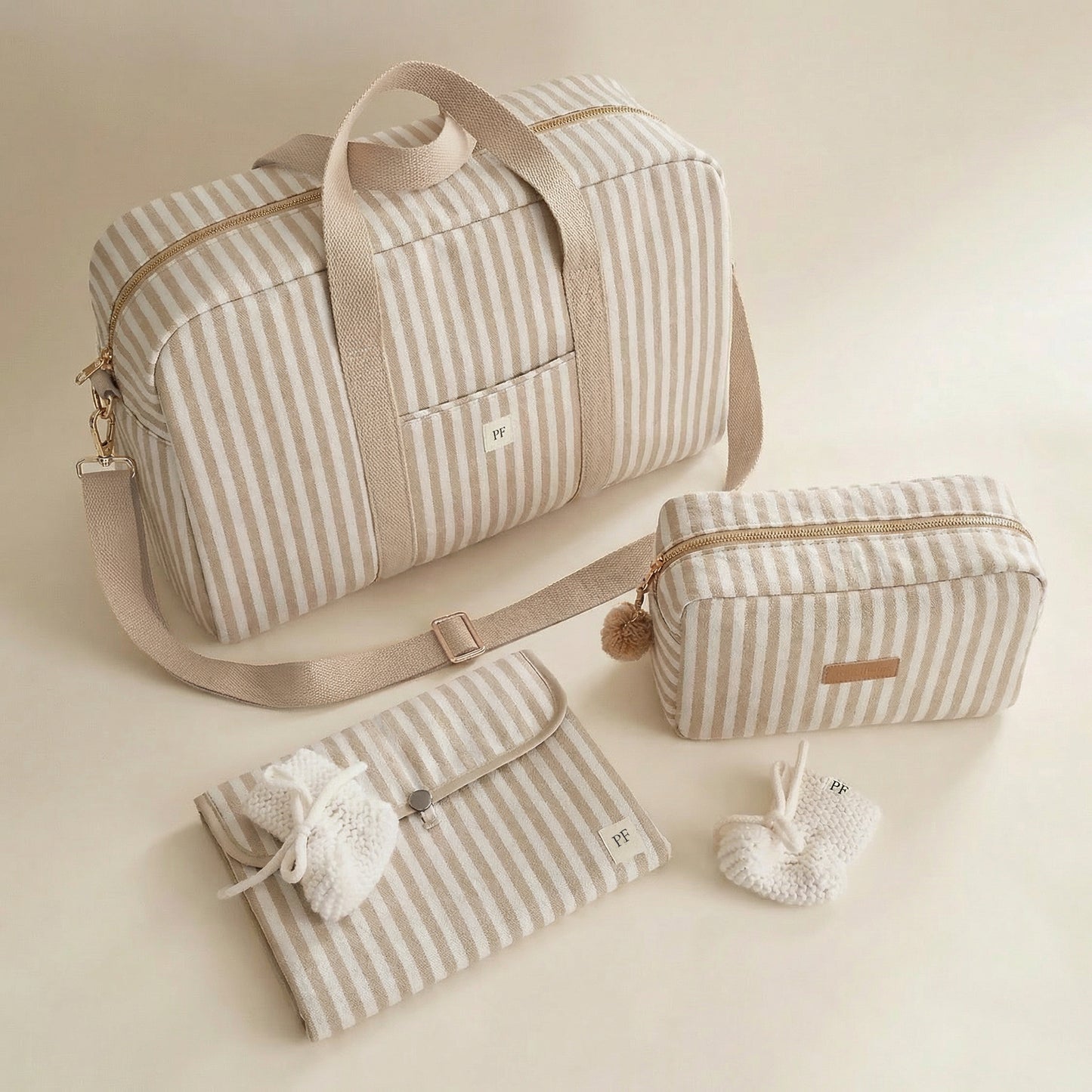 Canvas Diaper Bag - Oatmeal Striped - Petit Filippe