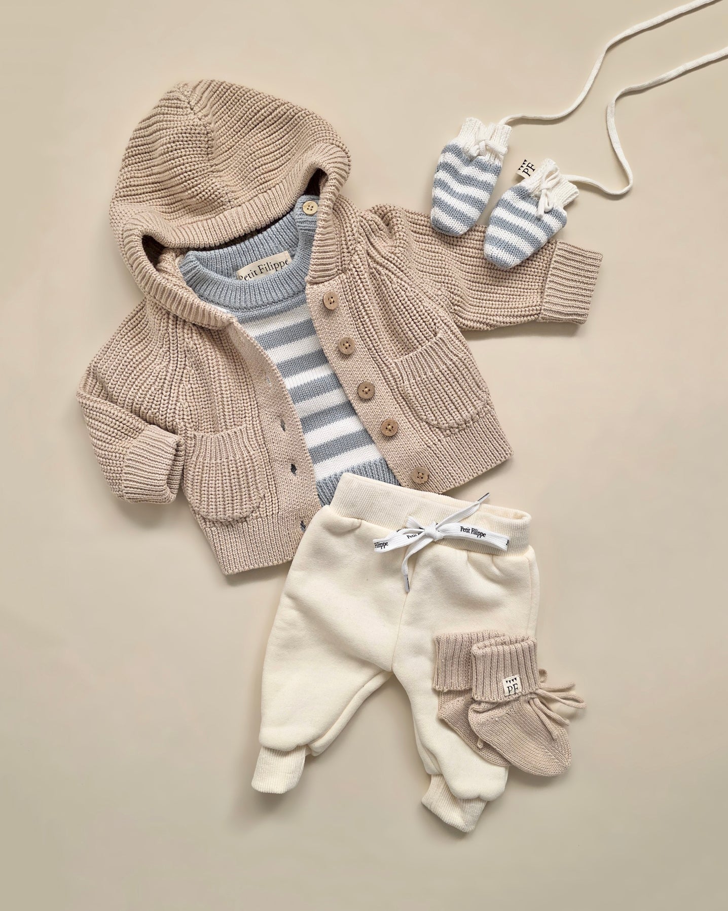 Baby Mittens - Cotton & Fleece - Misty Blue & Ivory - Petit Filippe