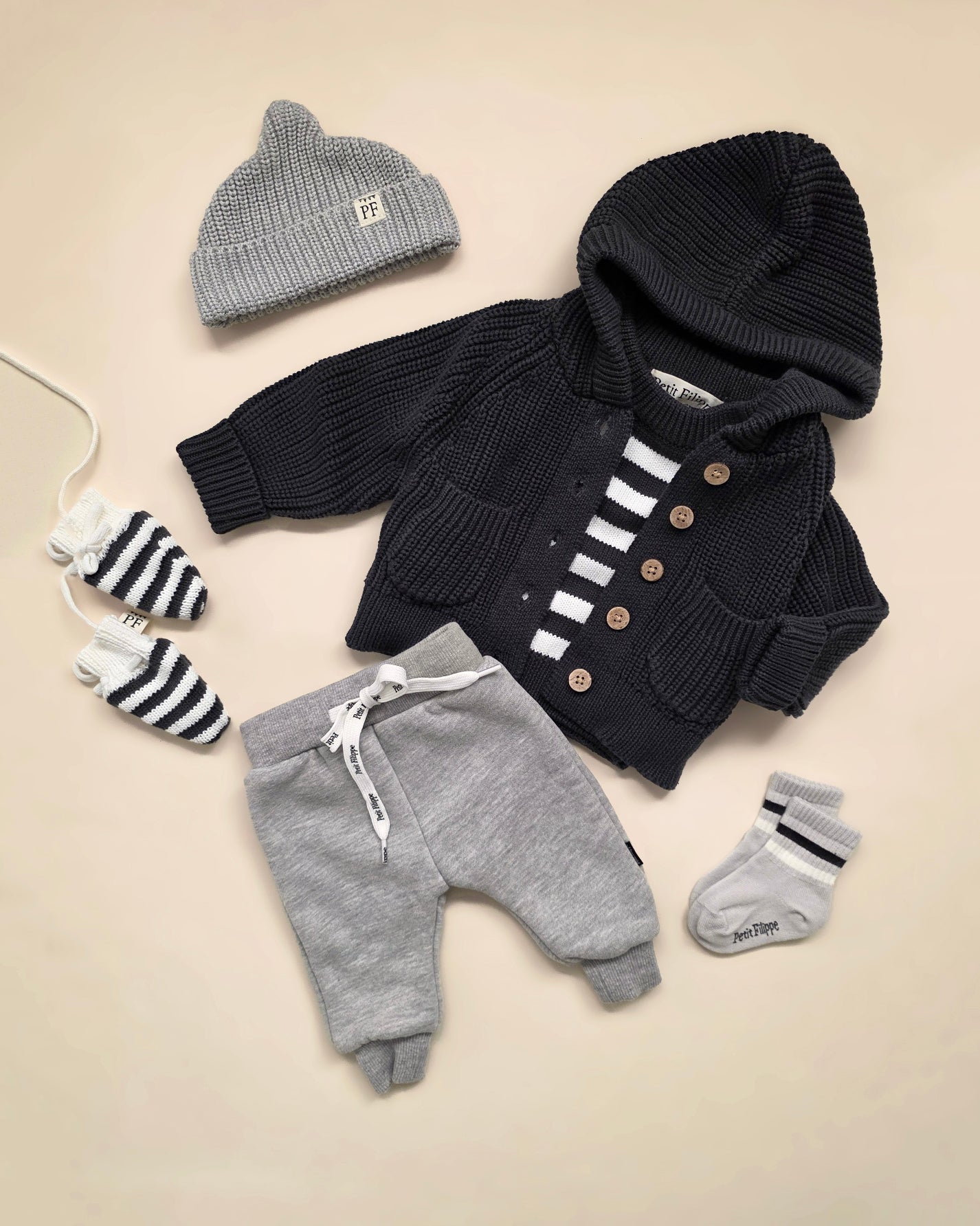 Baby Mittens - Cotton & Fleece - Graphite & Ivory - Petit Filippe